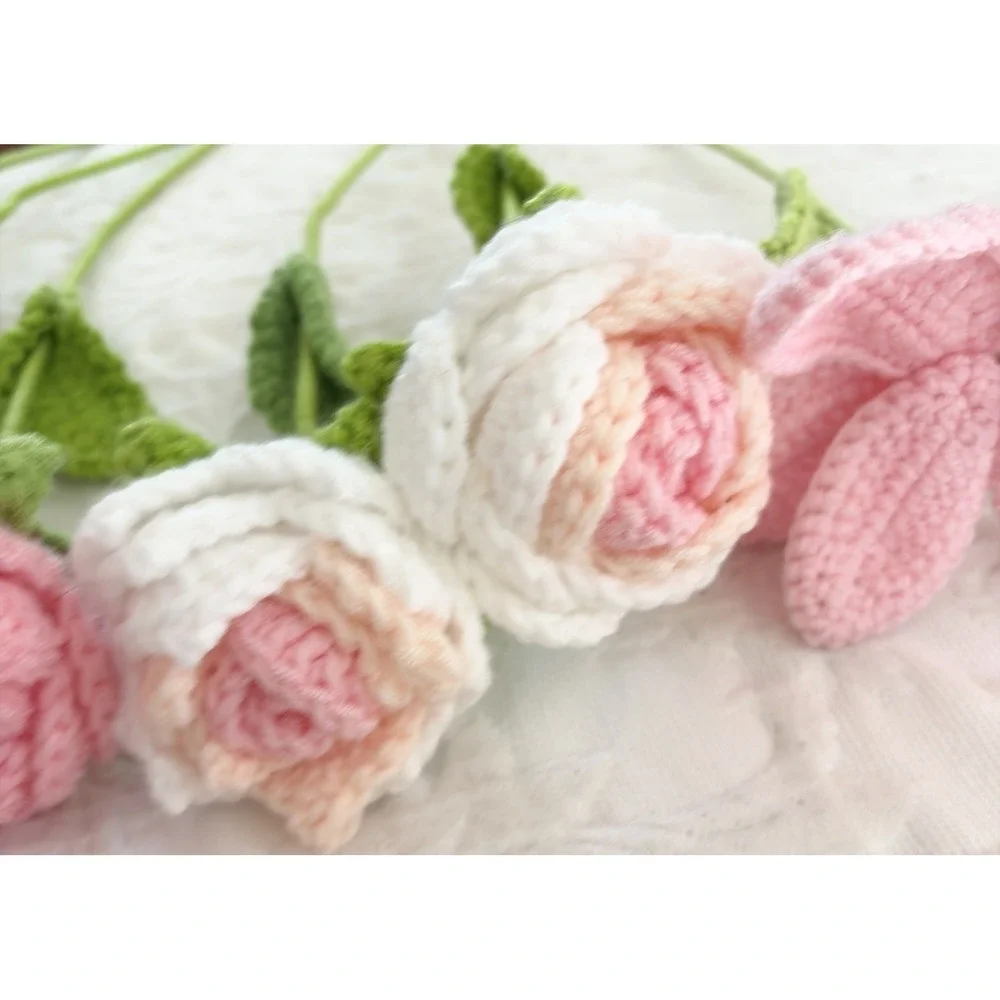 Handmade Crochet Flower Bouquet Pink Roses Lily Knit Flowers Gift Home Decor